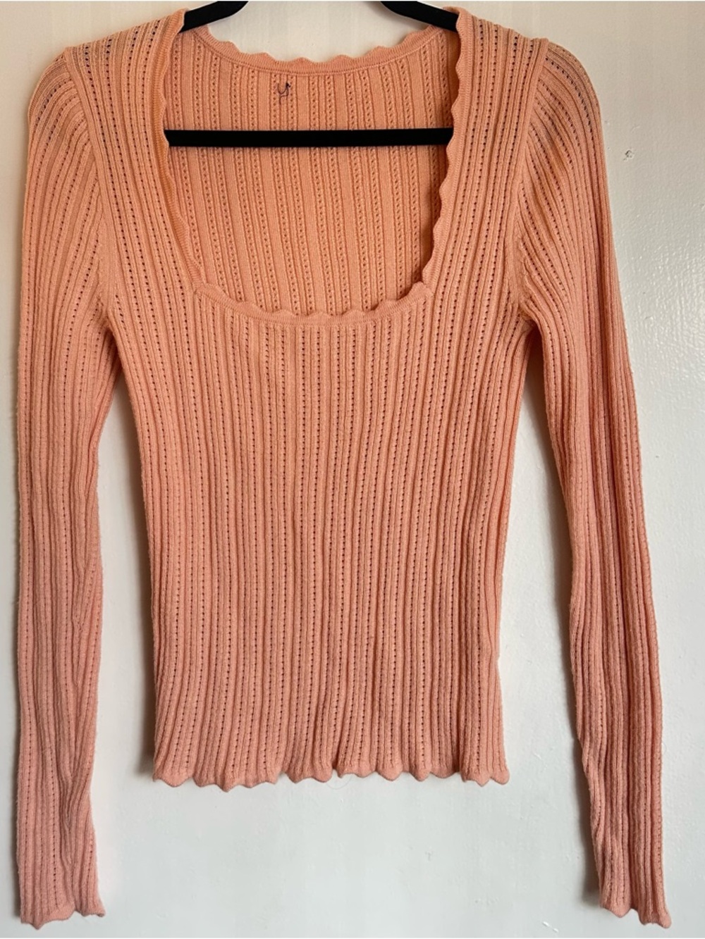 J. Crew Orange Peach Ribbed Scoop Neck wool Top scalloped hems size medium
